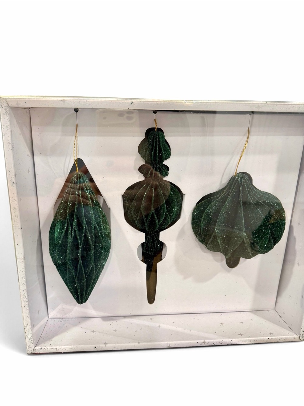 Emerald Green Large Glitter Paper Christmas Ornaments - Set of 3